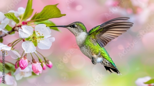  A hummingbird feeds from a branch of a pink-and-white blooming tree in the foreground