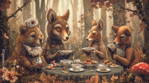 A whimsical illustration of animals in a forest having a tea party.