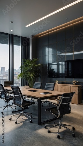 A conference room overlooking the city skyline with large windows showing urban buildings and streets below © Constantine Art