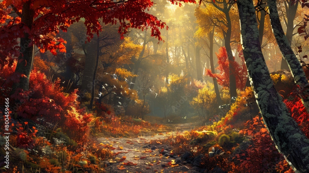 An enchanting forest filled with colorful autumn foliage and a winding path leading into the distance.