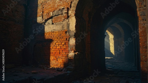 An old brick building with a small glowing light visible at the far end of a narrow hallway