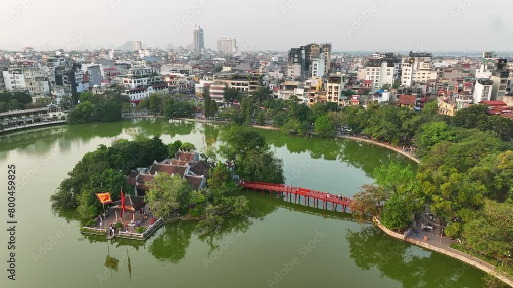 Hoan Kiem lake aerial drone view with Ngoc Son temple and The Huc bridge in Hanoi, Vietnam
