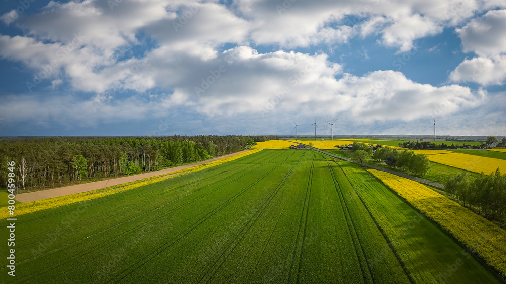 Obraz premium Spring farmland and electric windmills.