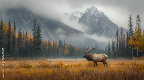  An elk stands in a field before a mountain, surrounded by trees and shrouded in fog