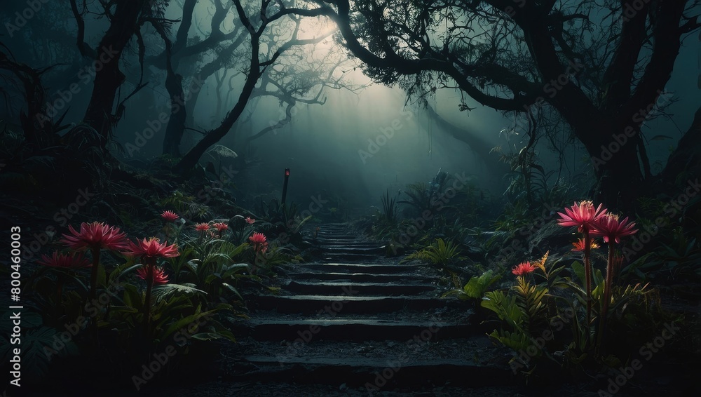 A dark forest filled with numerous trees and various flowers creating a lush and vibrant ecosystem