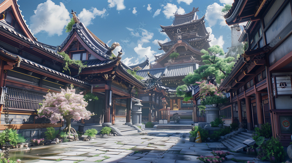 A High detailed Japanese temple courtyard with many buildings temples. Blue sky, white clouds, plands and flower. Anime comics artstyle. cozy lofi asian architecture. 16:9 resolution. Generative AI