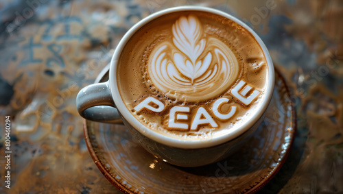 A freshly prepared cappuccino with the word  PEACE  written on it