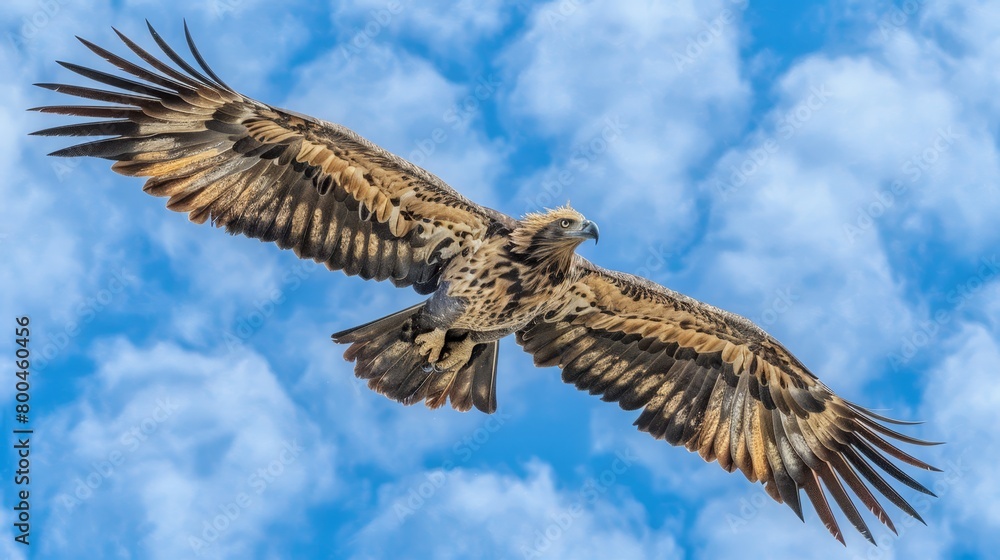 A large bird of prey flies through the air with spread-out wings against a backdrop of a blue, cloudy sky dotted with white clouds A large bird of prey flies through the air with spread-out wings against a backdrop of a blue, cloudy sky dotted with white clouds