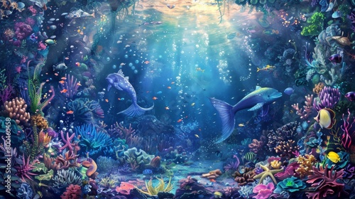 An enchanting underwater scene with mermaids and colorful marine life.