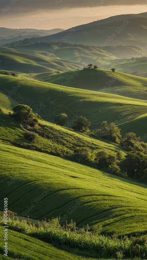 A lush green hillside with rolling hills in the background, creating a picturesque rural landscape