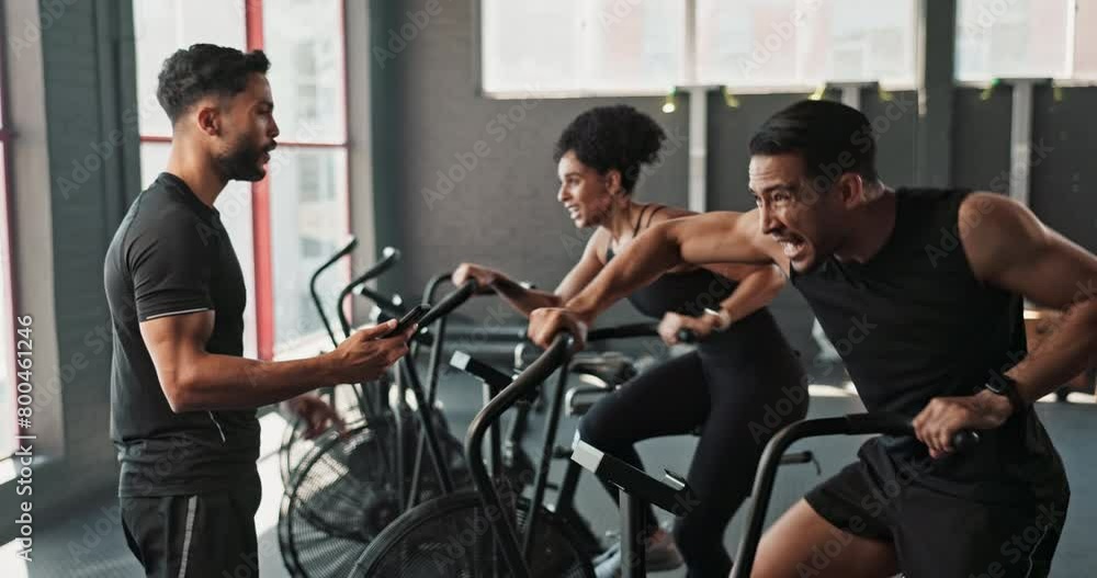 People, instructor and bicycle in gym for exercise, high five in training class for body wellness with workout goal. Coach, cardiovascular fitness or joint mobility, client progress and challenge People, instructor and bicycle in gym for exercise, high five in training class for body wellness with workout goal. Coach, cardiovascular fitness or joint mobility, client progress and challenge