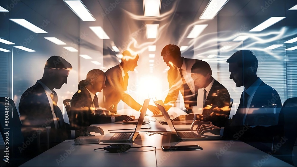 Fototapeta premium The silhouettes of business people are seen working together at their desks in an office, their outlines illuminated by soft, golden light. 