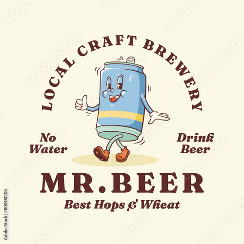 Groovy Beer Cartoon Retro Character Emblem Illustration. Drink Tin Can Walking Smiling Vector Logo Mascot Template. Happy Vintage Cool Alcohol Beverage Rubberhose Style Drawing Isolated (ID: 800461208)