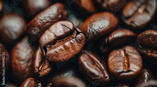  Close-up photo of Roasted Coffee Beans. A detailed close-up of dark roasted coffee beans filling the frame. Photo of the details of coffee beans 