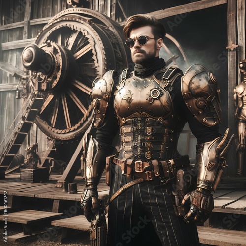 A man in armor standing in front of a machine  cyber steampunk