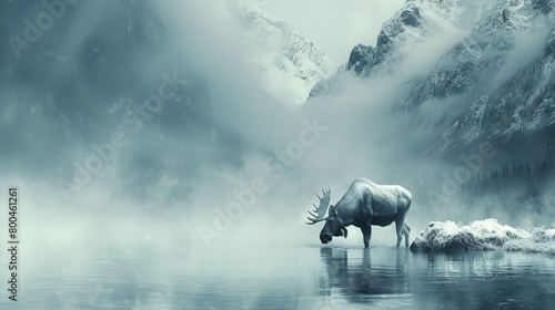   A moose stands in the middle of a body of water  facing a mountain covered in snow