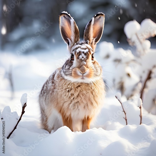 A rabbit sitting in the snow near bushes, covered in snow © Chiose