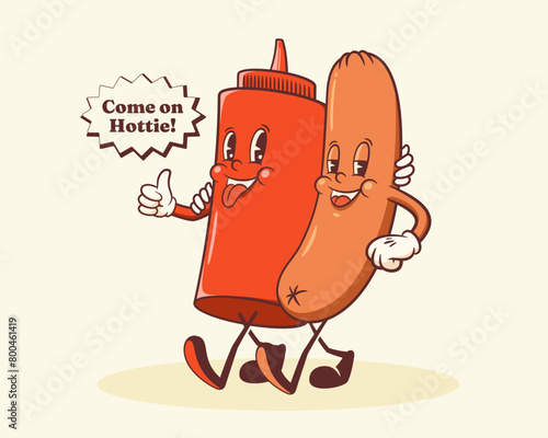 Groovy Hotdog Retro Characters Label. Cartoon Sausage and Ketchup Bottle Walking Smiling Vector Food Mascot Template. Happy Vintage Cool Fast Food Illustration with Typography Isolated (ID: 800461419)
