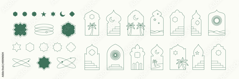 Fototapeta premium Islamic shape frame window illustrations collection. Arabian architecture geometric arch door with stairs, palms, stars and moon silhouettes set. Ramadan Kareem mosque gates landscape icons Isolated