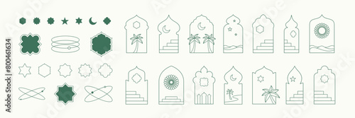 Islamic shape frame window illustrations collection. Arabian architecture geometric arch door with stairs, palms, stars and moon silhouettes set. Ramadan Kareem mosque gates landscape icons Isolated (ID: 800461634)