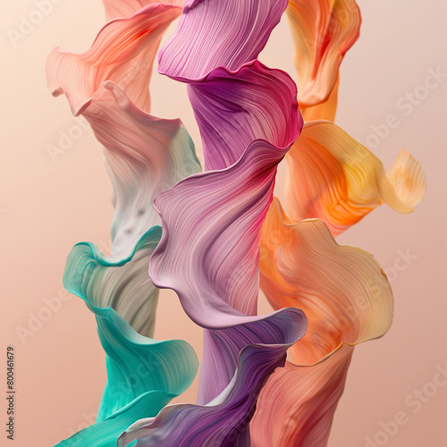 An abstract, dynamic spectacle of flowing shapes in bright shades of orange, purple, green and more, set against a light background.