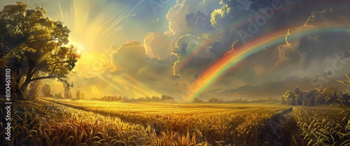 A sun-drenched field of golden wheat, bordered by lush trees and crowned by a magnificent rnbow spanning the entire breadth of the sky. photo