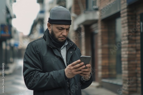 Thinking and sad muslim businessman reading message from smartphone, man outside office building using phone depressed reading bad news, Generative AI