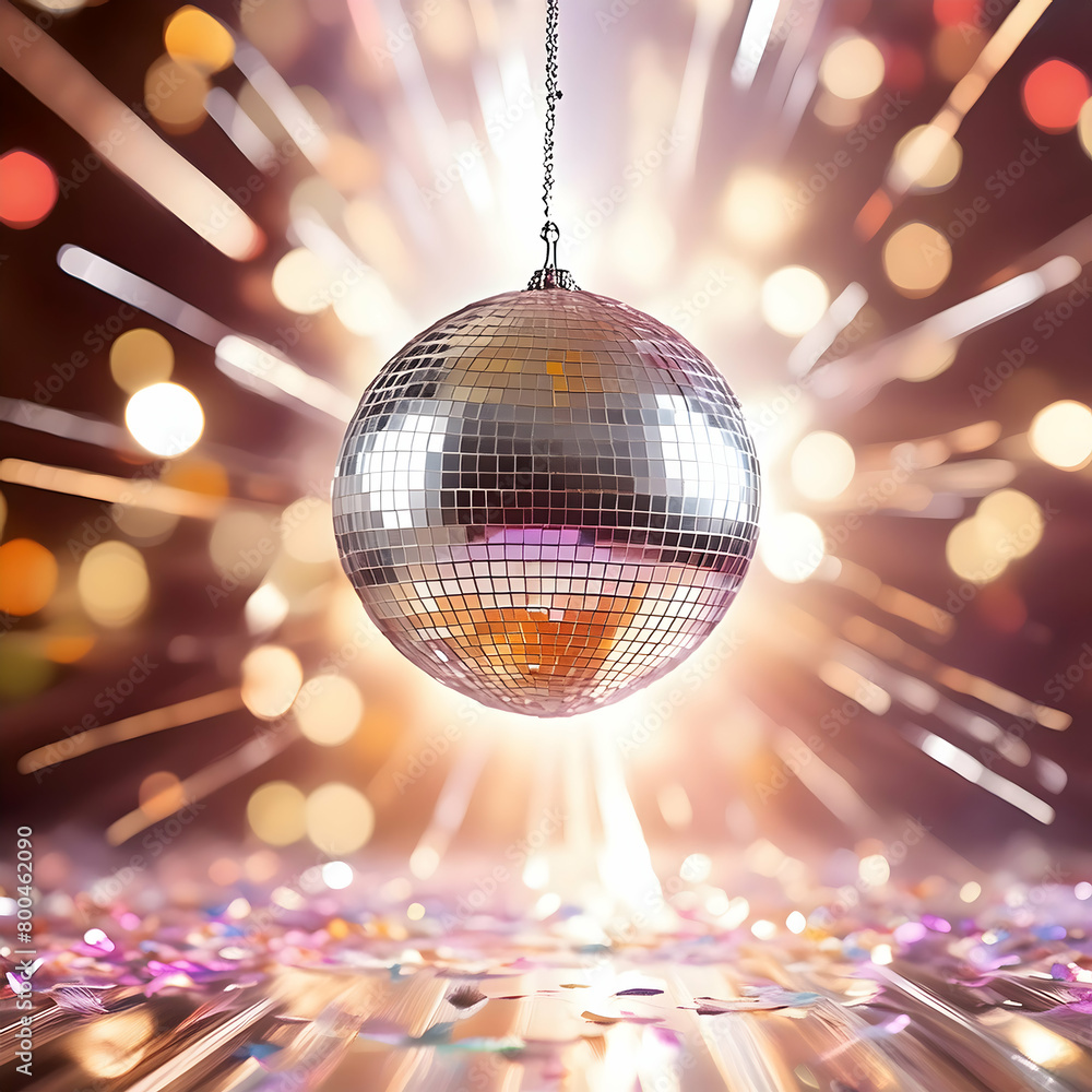 Fototapeta premium disco ball with disco lights.a disco mirror ball suspended in mid-air, surrounded by vibrant rays of light and glittering sparkles, capturing the essence of excitement and glamour
