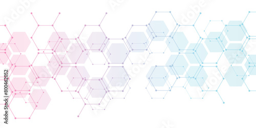 Hexagon pattern. Molecular structure background. Texture of geometric shapes, hexagons. Lines, dots, cells, honeycombs.