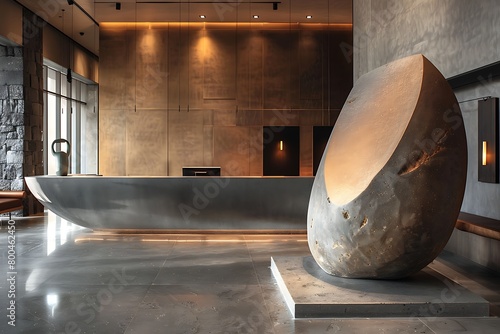 A minimalist hotel lobby with polished concrete floors, a sleek reception desk, and a large, abstract sculpture, creating a sense of refined elegance. photo
