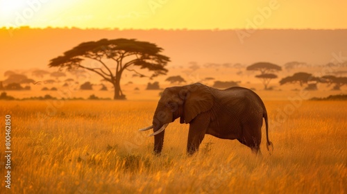   An elephant stands amidst a field of tall grass  a solitary tree distance behind