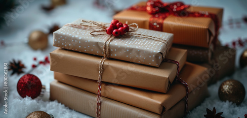 Stack of wrapped Christmas gifts. Christmas © michalsen