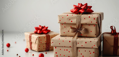 Red gift box with ribbon. Stack of wrapped Christmas gifts on white background. Christmas © michalsen