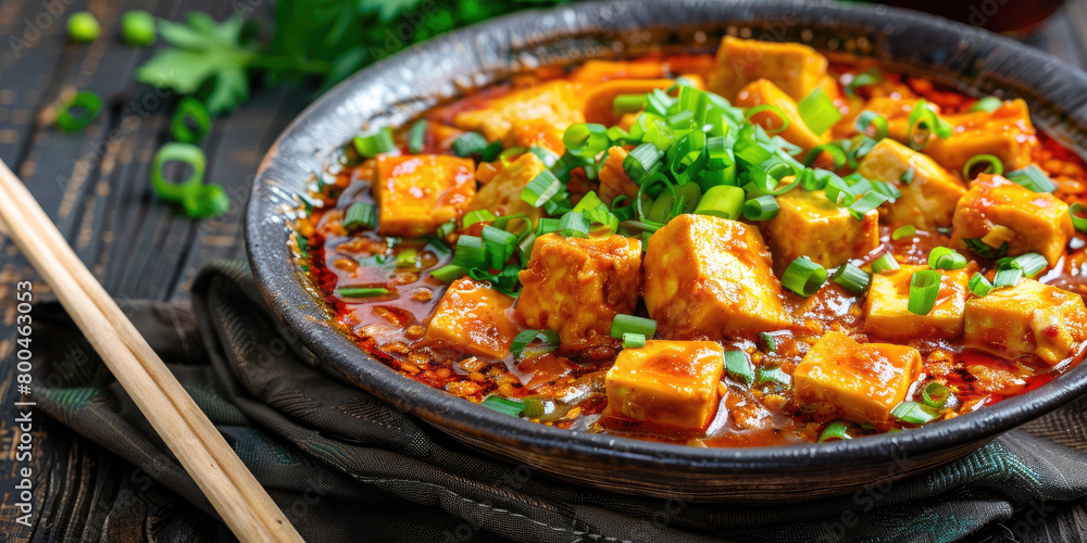 Chinese mapo tofu in a ceramic bowl, with spicy tofu cubes and minced pork, garnished with sliced green onions, on a dark wooden table. Chinese mapo tofu in a ceramic bowl, with spicy tofu cubes and minced pork, garnished with sliced green onions, on a dark wooden table.