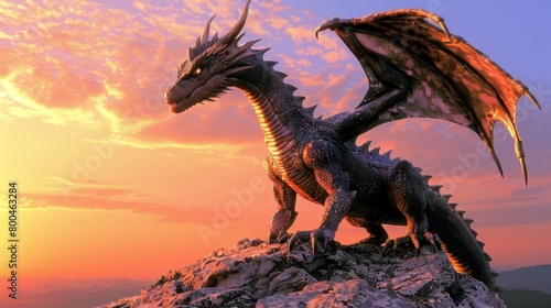  A dragon statue atop a rocky hill as the sun sets in the sky