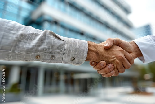 Business deal - handshaking on background of business hall. Hands close-up. A powerful connection formed through clasped hands.