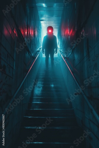 A figure in a dark hallway with red glowing eyes