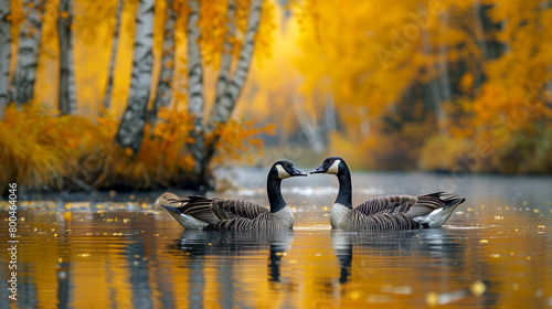 a pair of Canadian geese on a woodland pond in autumn photo