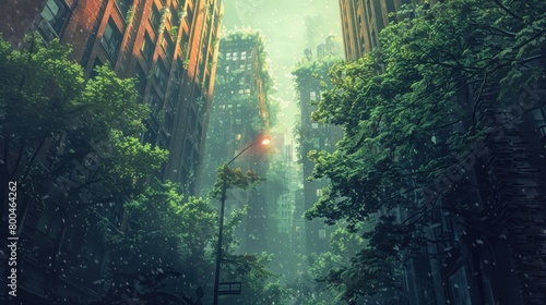 A photo of an overgrown city street with large buildings covered in plants photo