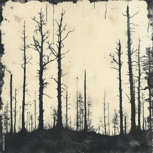 A Black and White Painting of a Forest