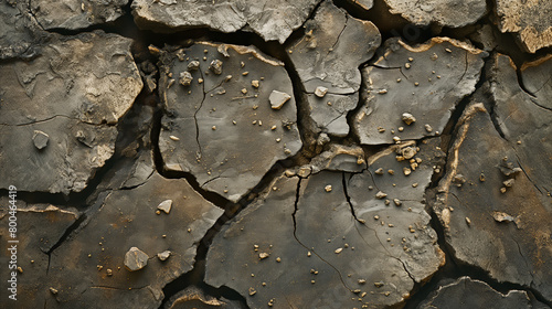 An extreme close-up showcasing the harsh and rugged texture of cracked earth in a dry environment photo