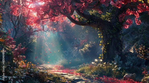 fantasy concept art of a beautiful ethereal pink forest with cherry blossoms and a stone path leading into the distance