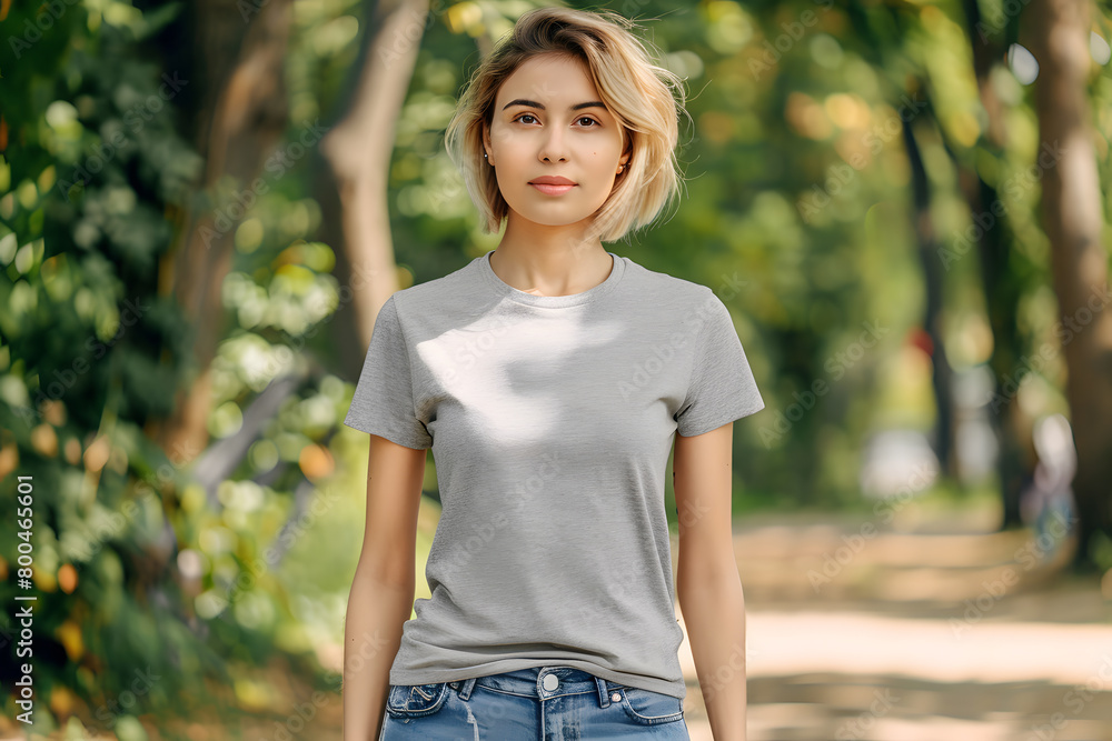 Stylish T-Shirt Mockup on Young Woman Stylish T-Shirt Mockup on Young Woman