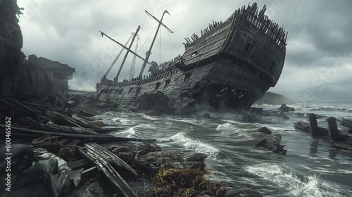 This haunting image captures a shipwreck forced upon jagged rocks by stormy seas, evoking tales of maritime tragedies