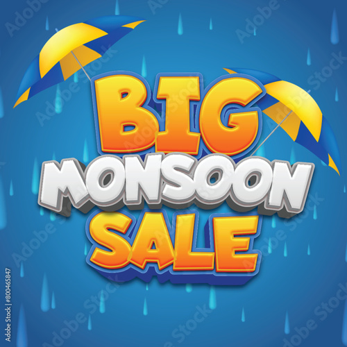 Monsoon season sale text effect with rain and umbrella