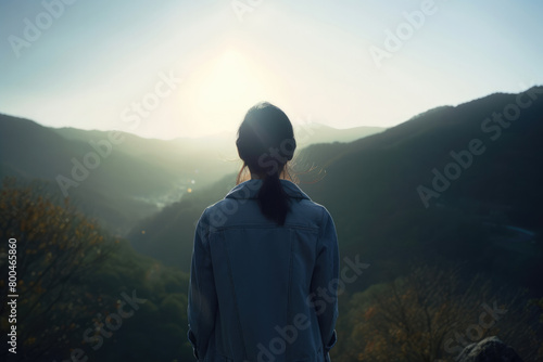                                                                                          Woman  female  female back  standing  cliff  peak  sunset  landscape  mountain  forest