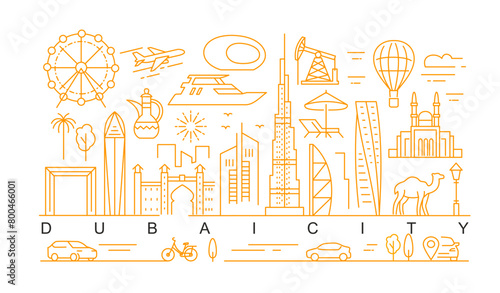Dubai minimal style City Outline Skyline with Typographic. Vector cityscape with famous landmarks. Illustration for prints on bags, posters, cards.