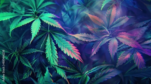 Background Scenic cannabis leaves under vibrant blue and purple light effects, magical intriguing image of leaves