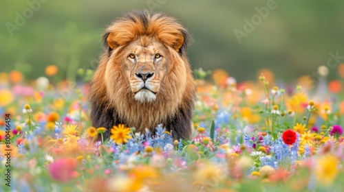   A lion posed in a field of wildflowers, sharp foreground, blurred background