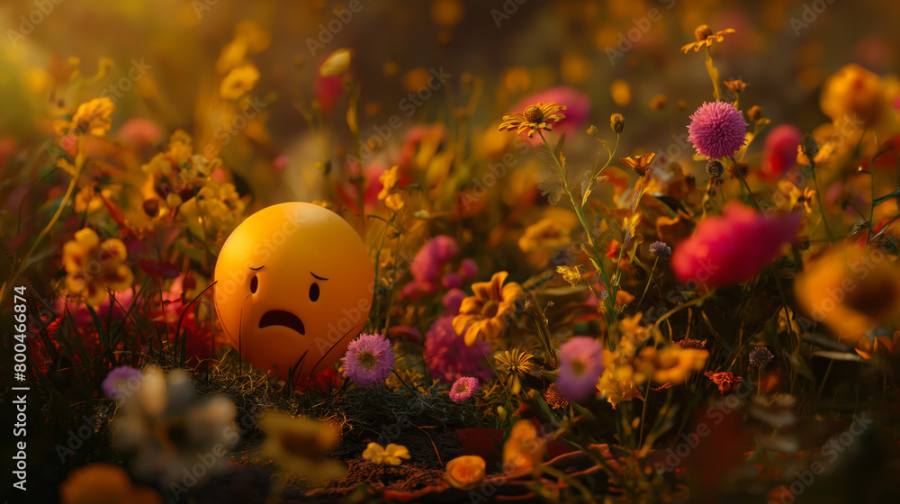The emotive face of a worried emoji juxtaposed with the vibrant colors of wildflowers represents a contrast between emotions and nature's beauty The emotive face of a worried emoji juxtaposed with the vibrant colors of wildflowers represents a contrast between emotions and nature's beauty